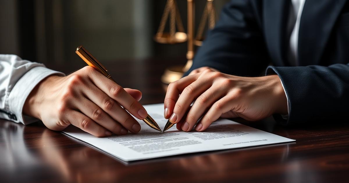 Dois sócios assinando um acordo societário sobre mesa de madeira escura, com caneta dourada e balança da justiça ao fundo