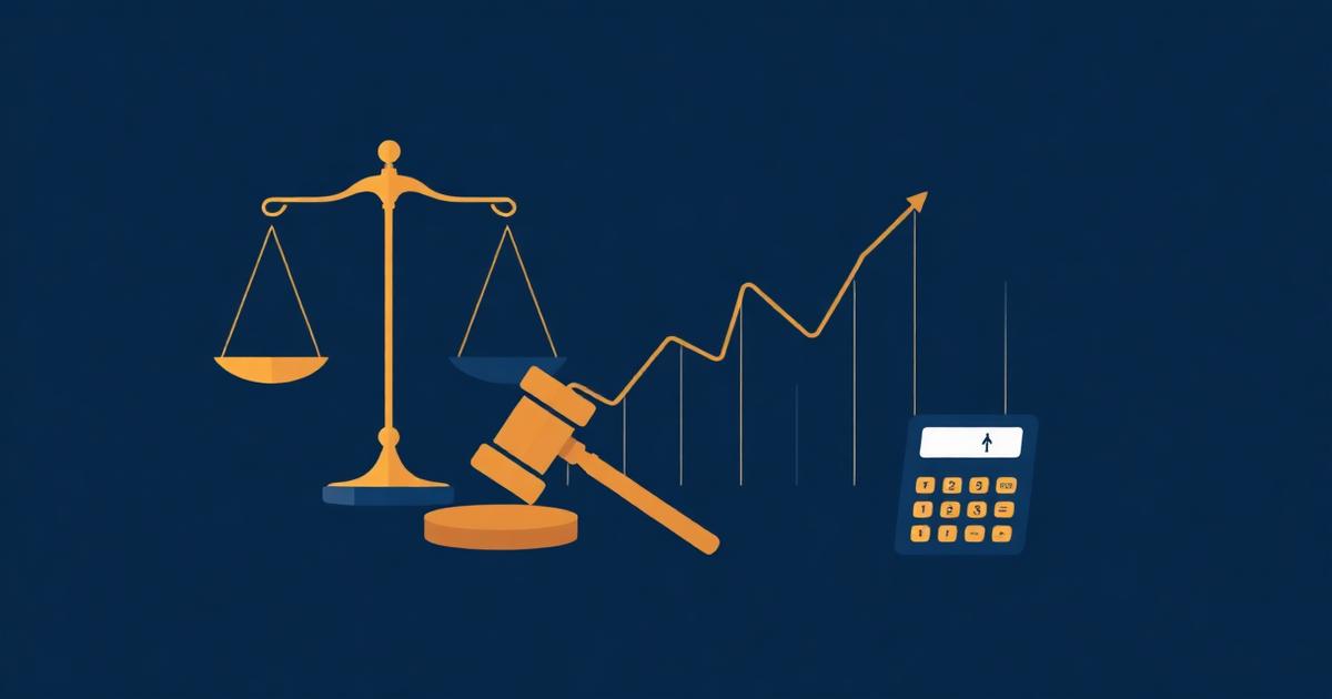 Balança da justiça, martelo e calculadora sobre fundo corporativo azul e dourado