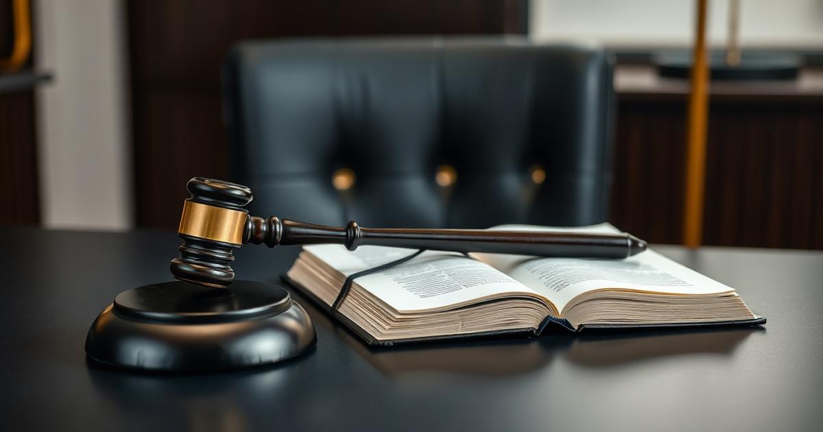 Martelo de juiz e livro de leis abertos sobre mesa escura em ambiente corporativo